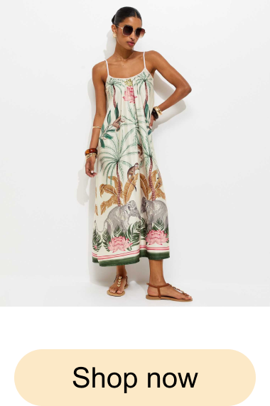 White Tropical Print Strappy Satin Midi Dress
