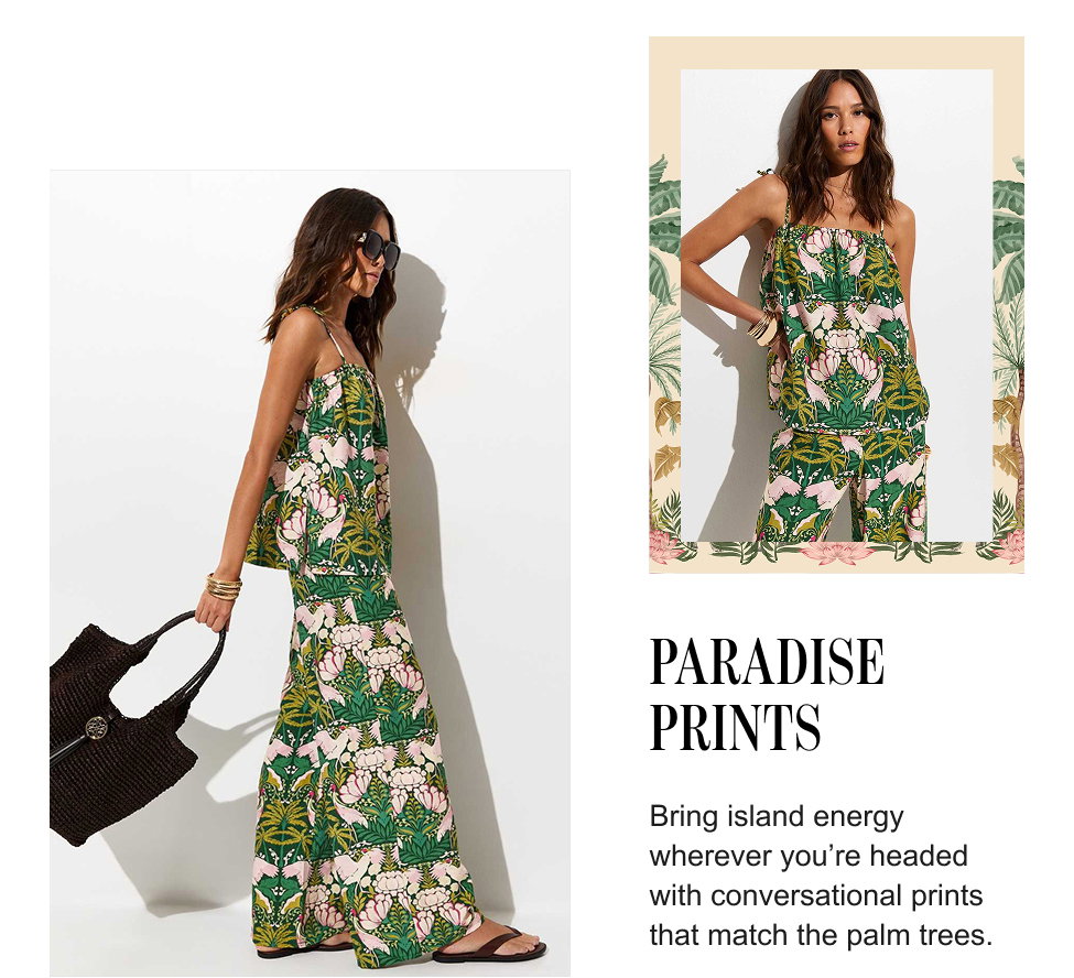 Model wears a green tropical-print maxi dress with a palm and floral pattern, styled with flat sandals, sunglasses and a woven tote bag. The image features two views of the outfit alongside the headline “Paradise Prints” and copy celebrating bold holiday-ready prints inspired by island landscapes.