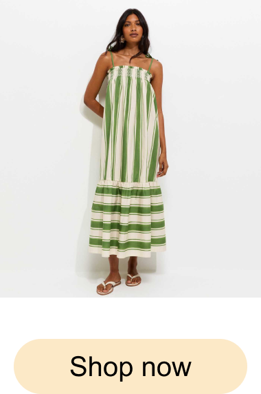 Green Cotton Striped Tie Strap Midi Dress