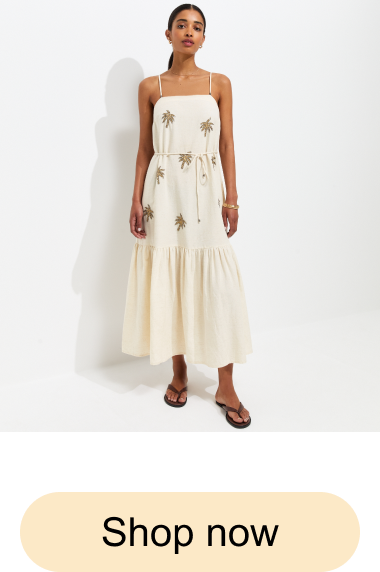 Cream With Cotton Palm Embroidered Belted Midi Dress