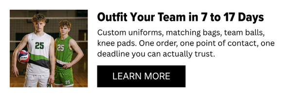 Custom uniforms, matching bags, team balls, knee pads. One order, one point of contact, one deadline you can actually trust.