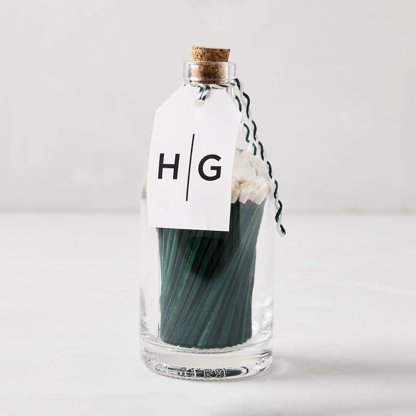 Image of Green with White Tip Oversized Matches in Glass Bottle