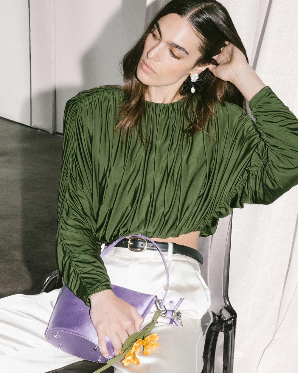 A picture of a woman wearing Olive Jersey Gathered Top