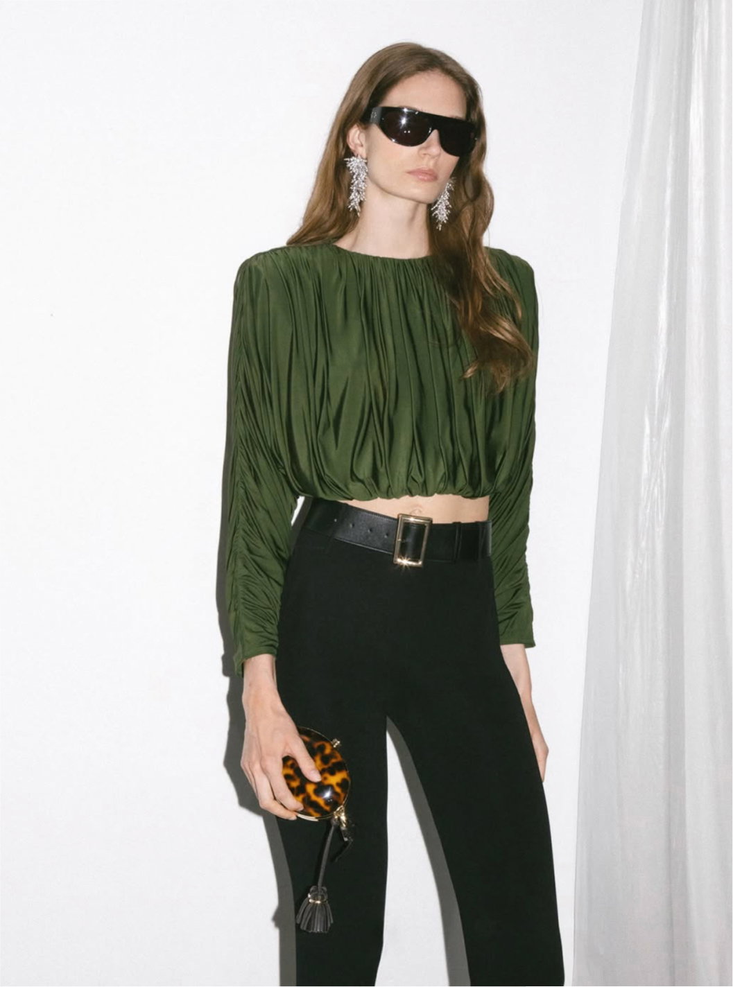 OLIVE JERSEY GATHERED TOP