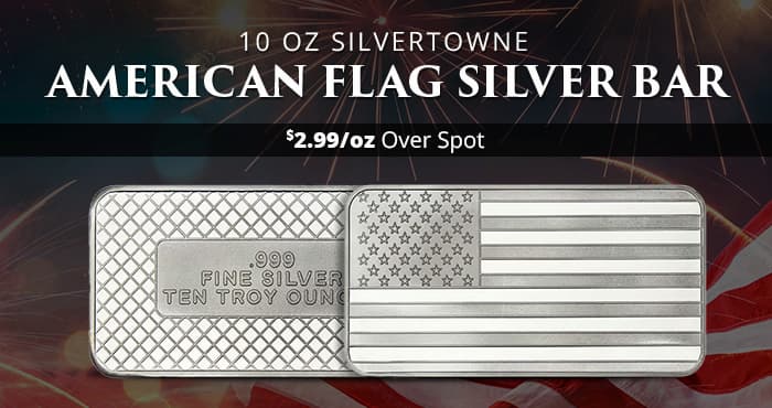 ON SALE: 10 oz SilverTowne American Flag Silver Bar (New)