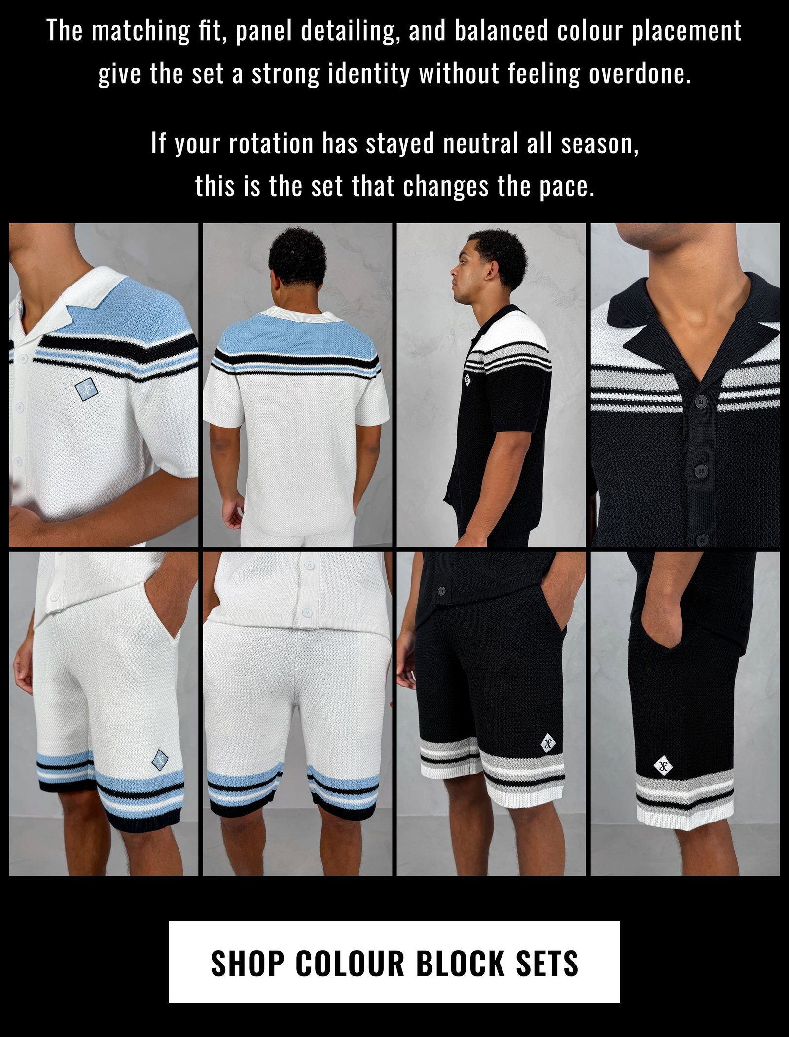 The matching fit, panel detailing, and balanced colour placement give the set a strong identity without feeling overdone.  If your rotation has stayed neutral all season, this is the set that changes the pace.