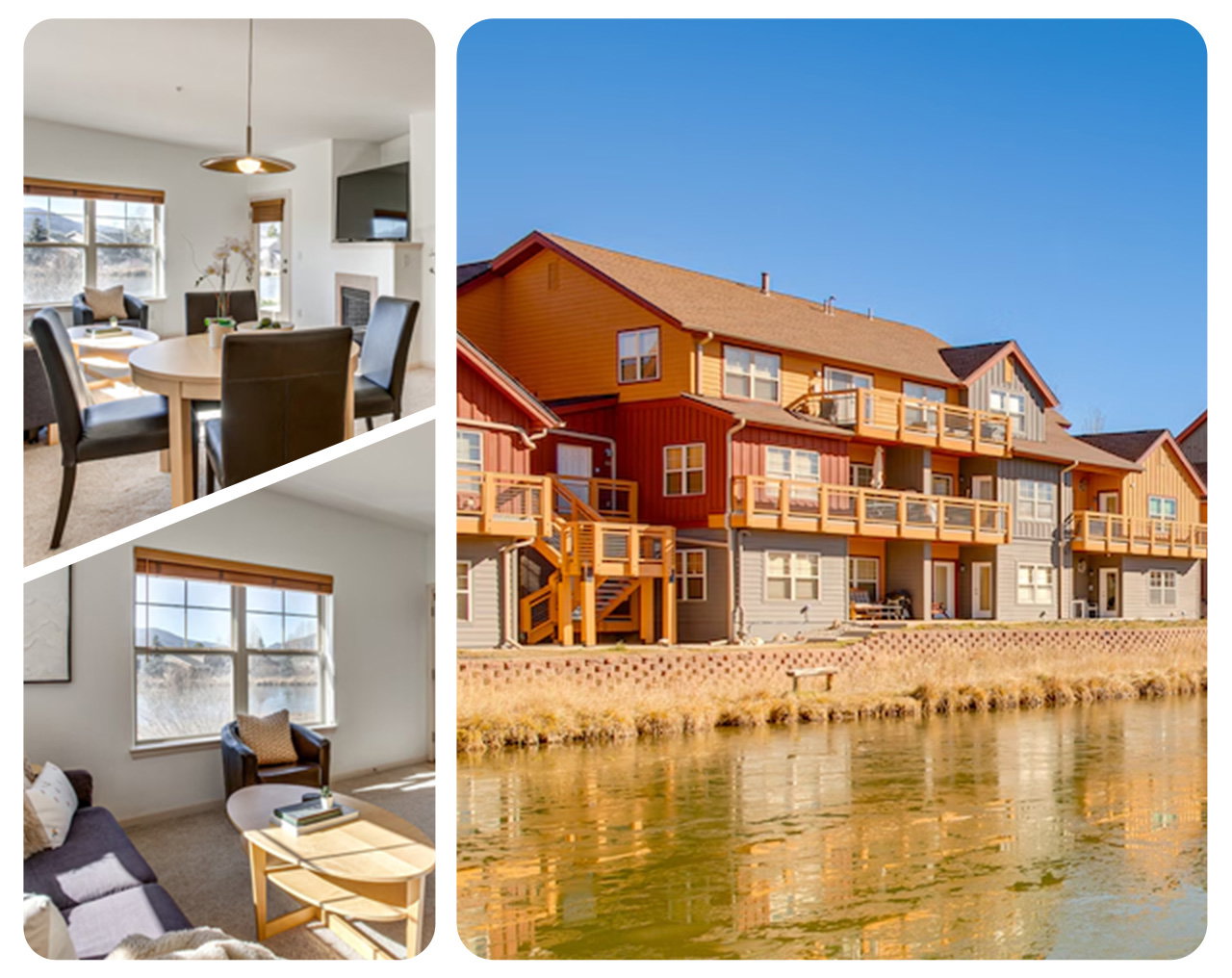Bright dining and lounge areas; lakeside townhomes in neutral tones.