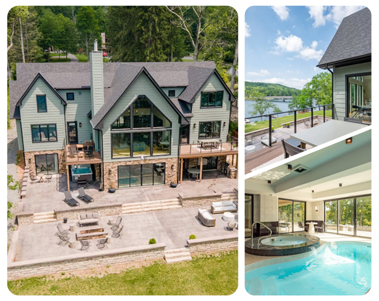 Lakeside home with expansive windows, patio seating, balcony, and indoor spa pool.