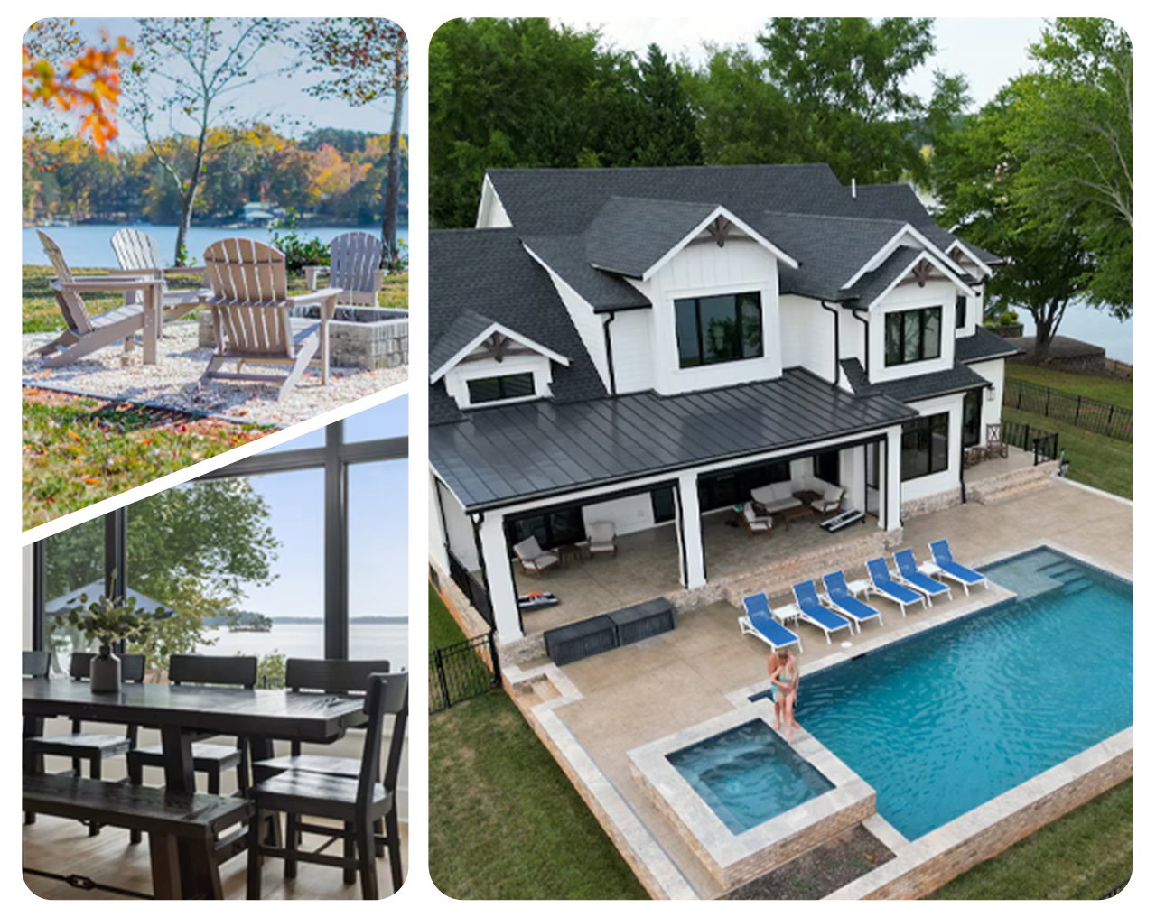 Modern lakeside home with pool; outdoor fire pit seating and dining room with expansive window views.
