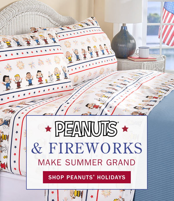 Peanuts & Fireworks Make Summer Grand. Shop Peanuts Holidays. Peanuts Patriotic Pals Portuguese Cotton Percale Sheet Set