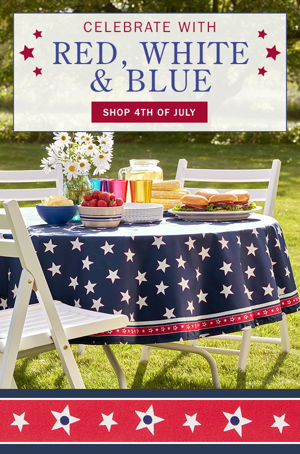 Celebrate With Red, White & Blue. Shop 4th of July. Easy Clean Coated Umbrella Tablecloth