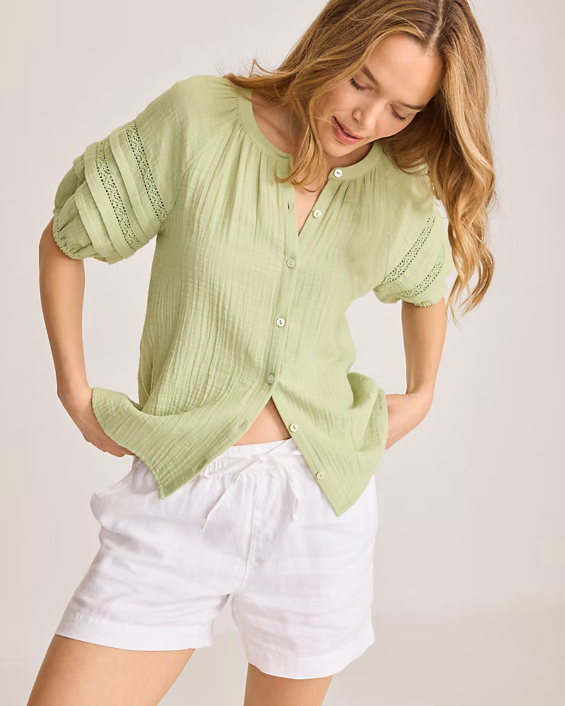 Image of Island Gauze Trim Puff-Sleeve Top