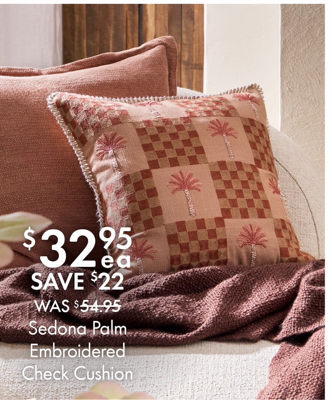 Sedona Palm Embroidered Check Cushion