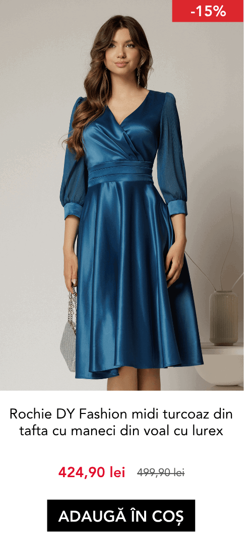 Rochie DY Fashion midi turcoaz din tafta cu maneci din voal cu lurex