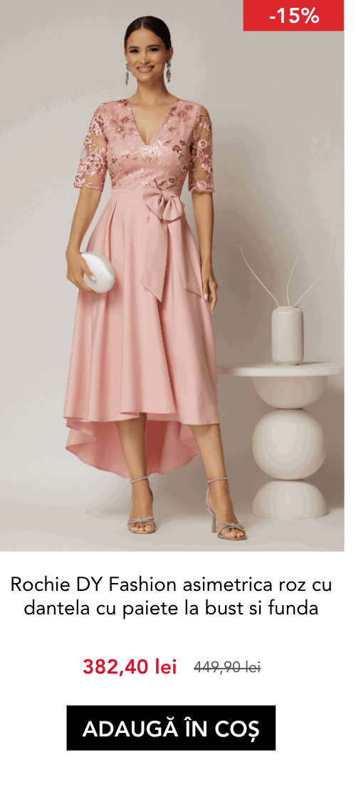 Rochie DY Fashion asimetrica roz cu dantela cu paiete la bust si funda ampla