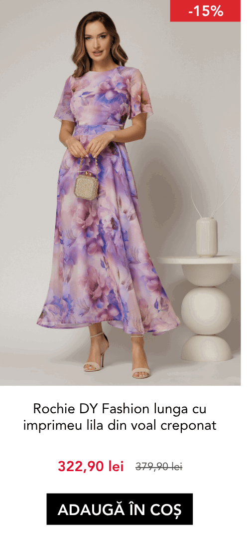 Rochie DY Fashion lunga cu imprimeu lila din voal creponat cu rijelina