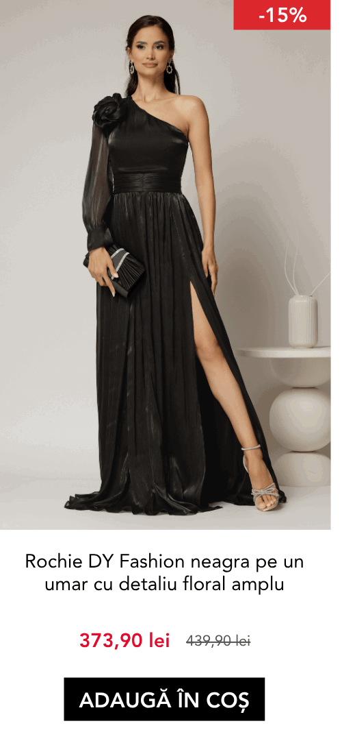 Rochie DY Fashion neagra pe un umar cu detaliu floral amplu din voal peliculizat