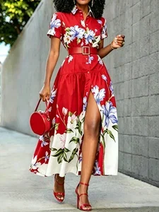 Image of Elegant Floral Shirt Collar Maxi Dress No Belt