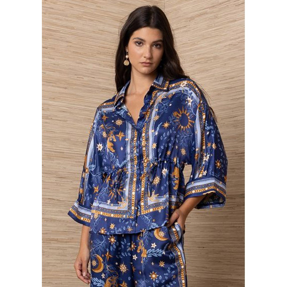 Image of Celestial Print Drawstring Blouse - Navy