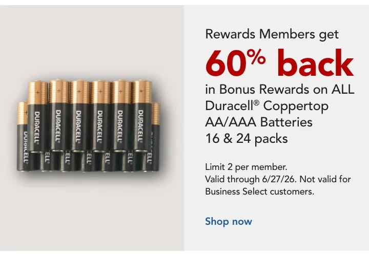 60% back in bonus rewards on select duracell batteries