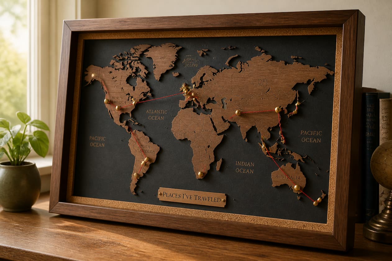 Framed travel map with push-pins marking visited places