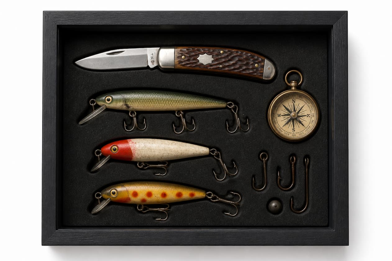 Shadow box displaying knives and fishing lures in cut foam