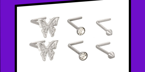 Multi-Pack CZ Butterfly Spike Titanium L-Bend Nose Rings 6 Pack - 20 Gauge