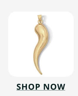 Gold toned traditional curved horn silhouette pendant. Click here to shop now