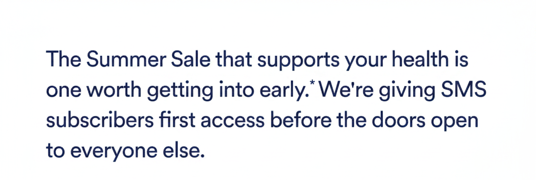 Text promoting a Summer Sale with early SMS subscriber access to health supplements.