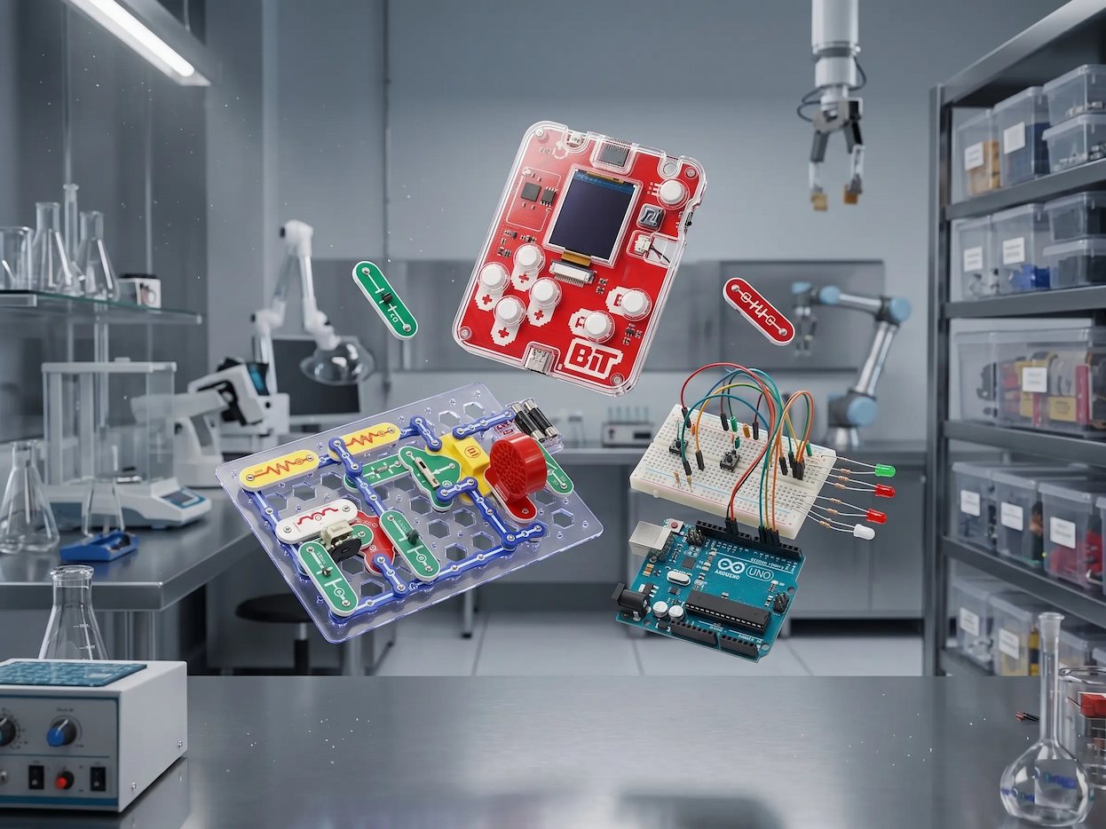 Electronics kits suspended inside a science lab