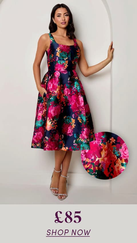 Sleeveless Floral Fit and Flare Midi Dress in Navy