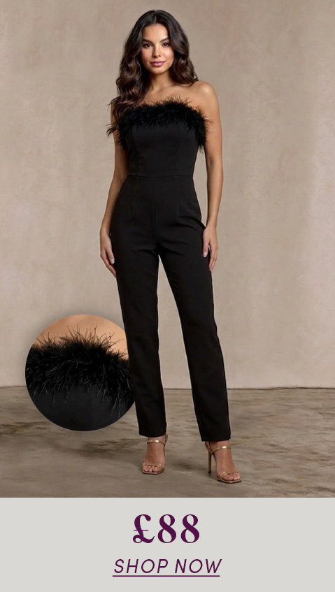 Faux Feather Trim Bandeau Jumpsuit in Black
