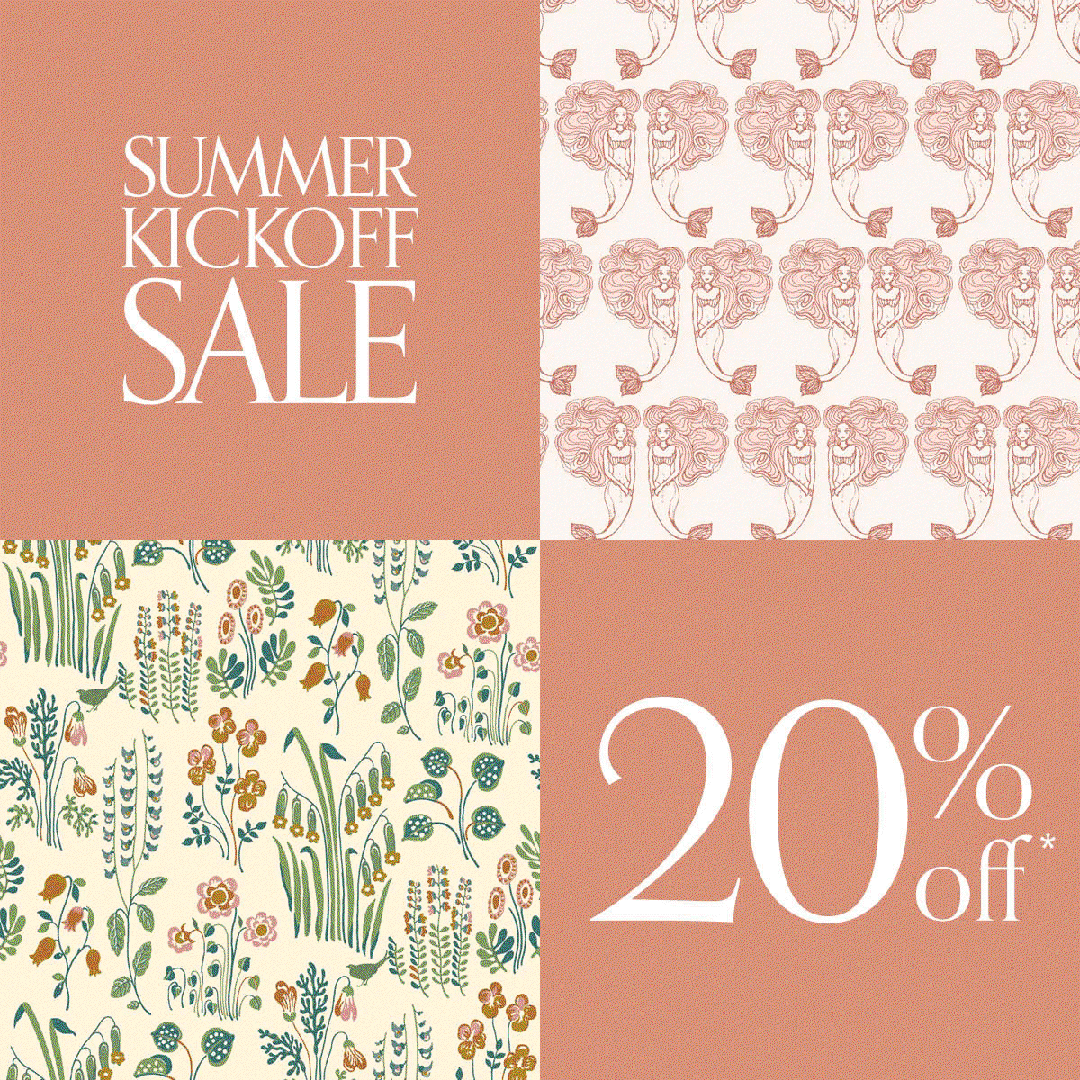 Gif Image with 4 squares, two squares show rotating images of various Tempaper wallpaper swatches. Top left box has text "Summer Kickoff Sale" and bottom left has "20% off*"