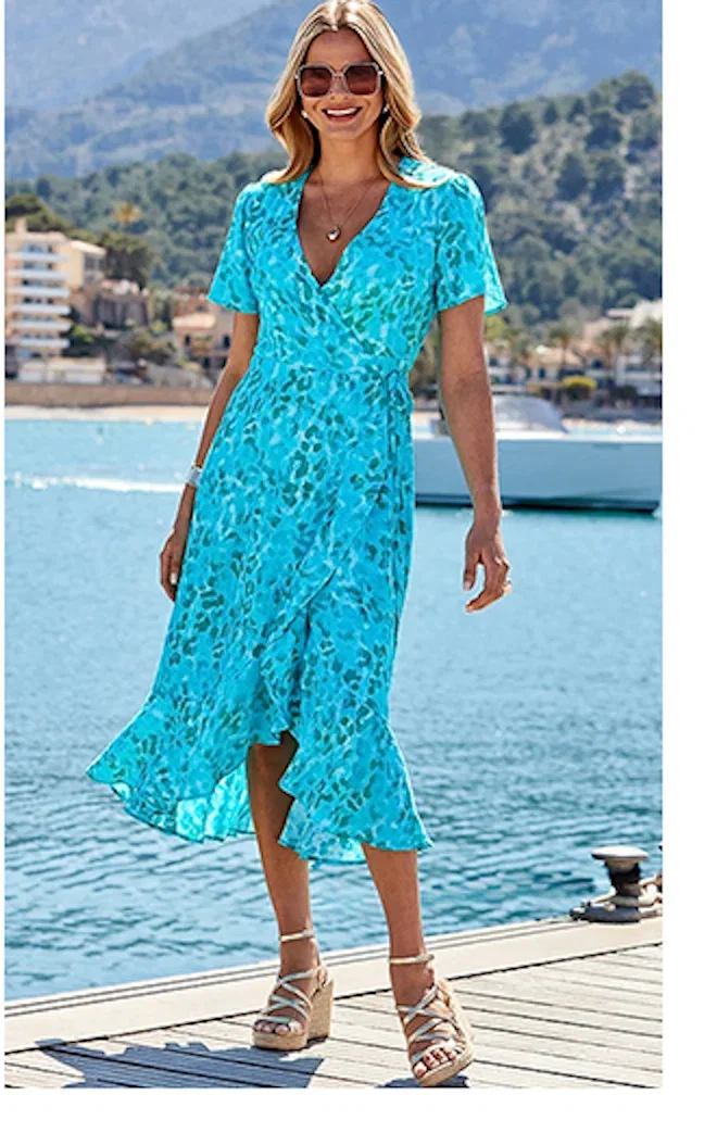 Aqua Blue Animal Print Ruffle Hem Wrap Dress