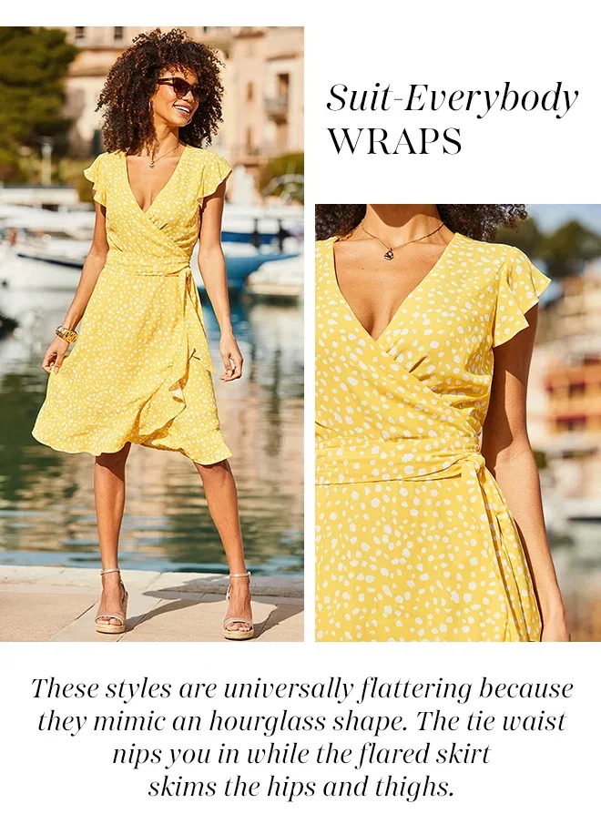 Sunshine Yellow & White Fleck Print Wrap Dress