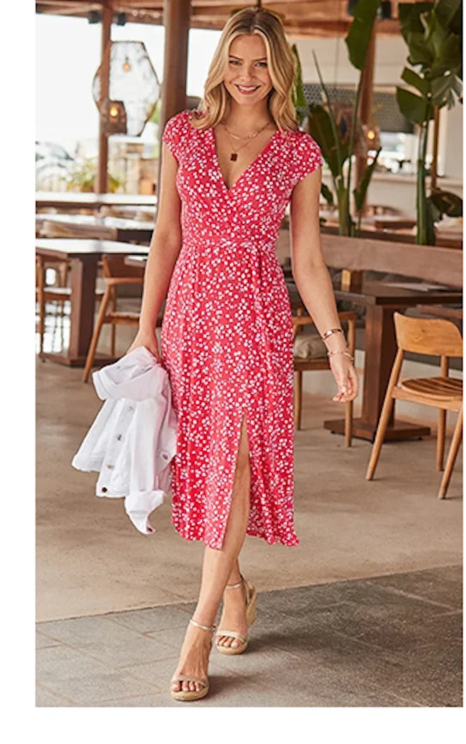 Summer Red Spot Print Faux Wrap Dress