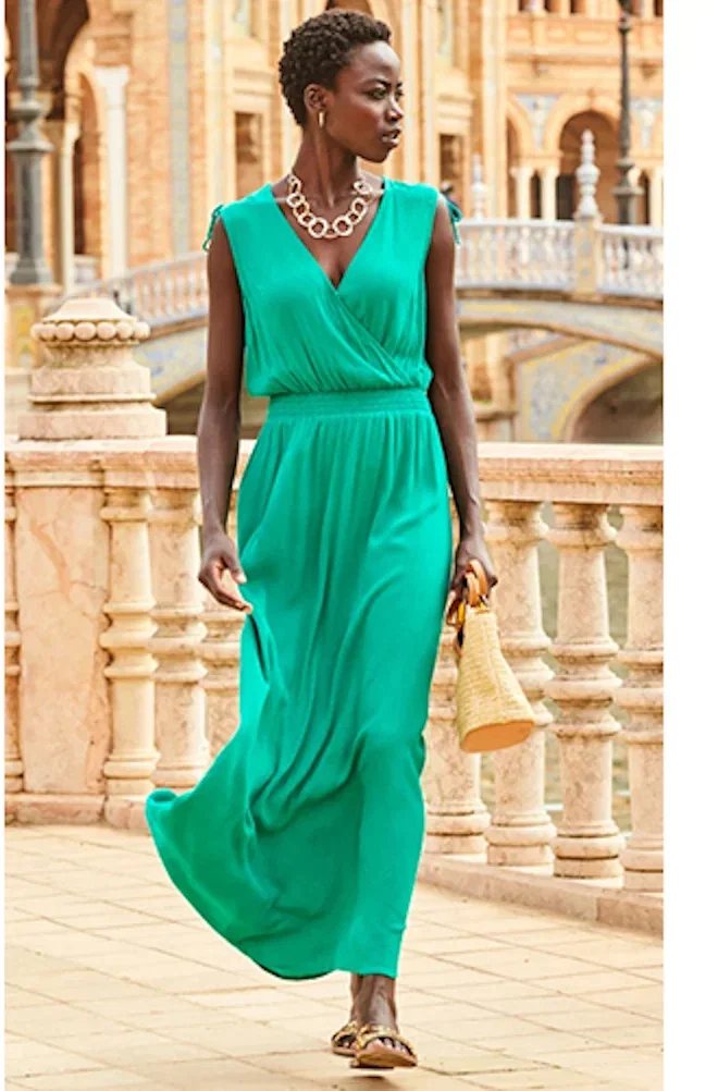 Emerald Green Tie Shoulder Crinkle Maxi Dress