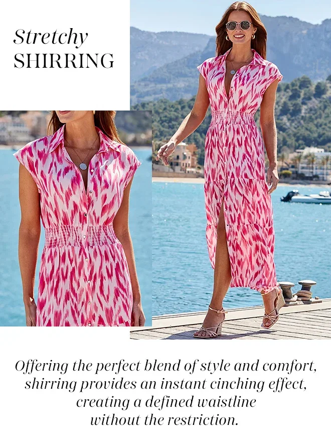 Pink Paradise Print Stretch Waist Shirt Dress