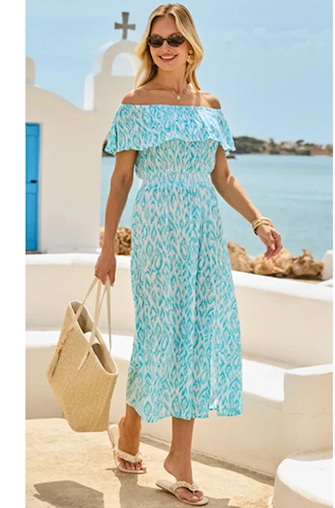 Blue & White Paisley Print Bardot Shirred Waist Dress