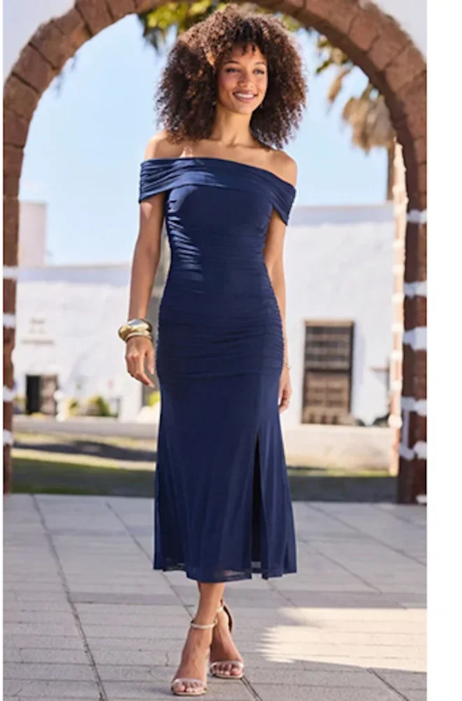 Navy Blue Mesh Bardot Ruched Midaxi Dress