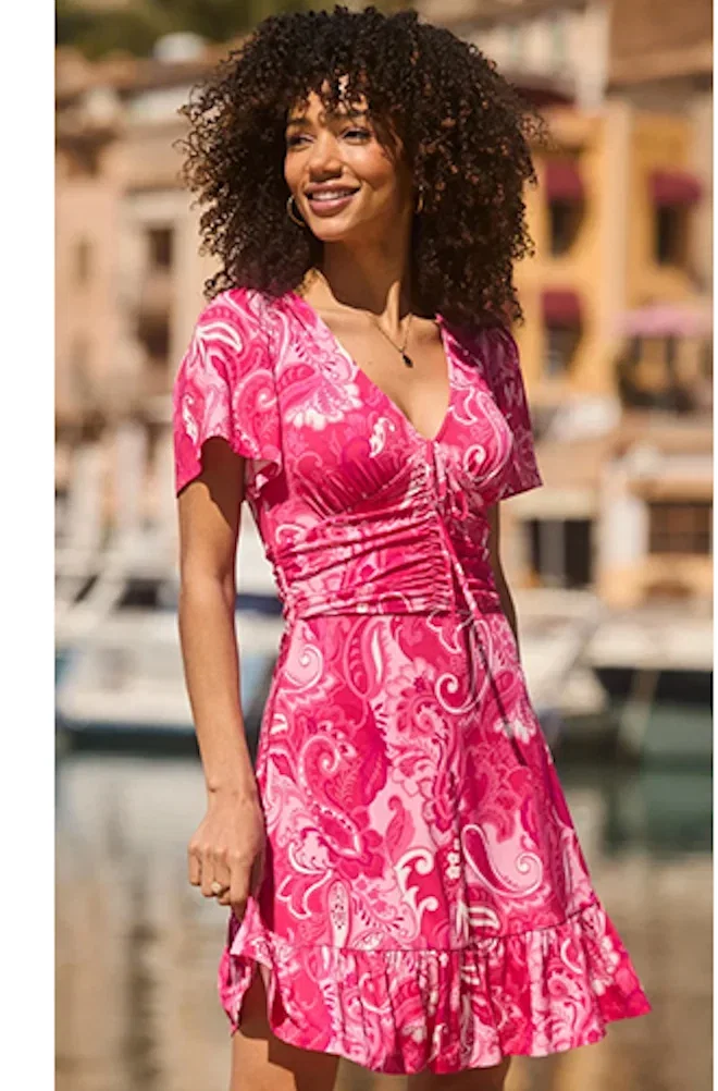 Pink Paisley Print Ruched Waist Angel Sleeve Dress