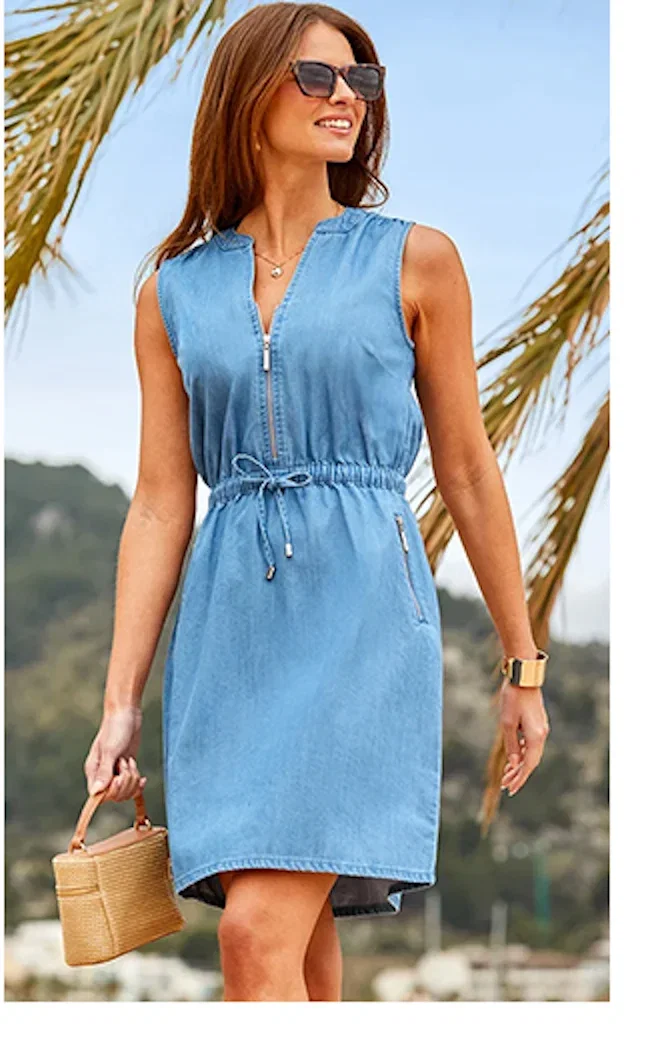 Mid Blue Drawstring Waist Denim Dress With Pockets