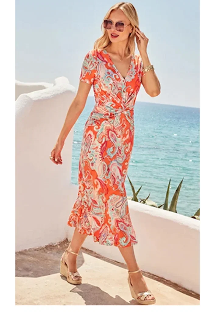 Pink & Orange Paisley Print Twist Front Midi Dress