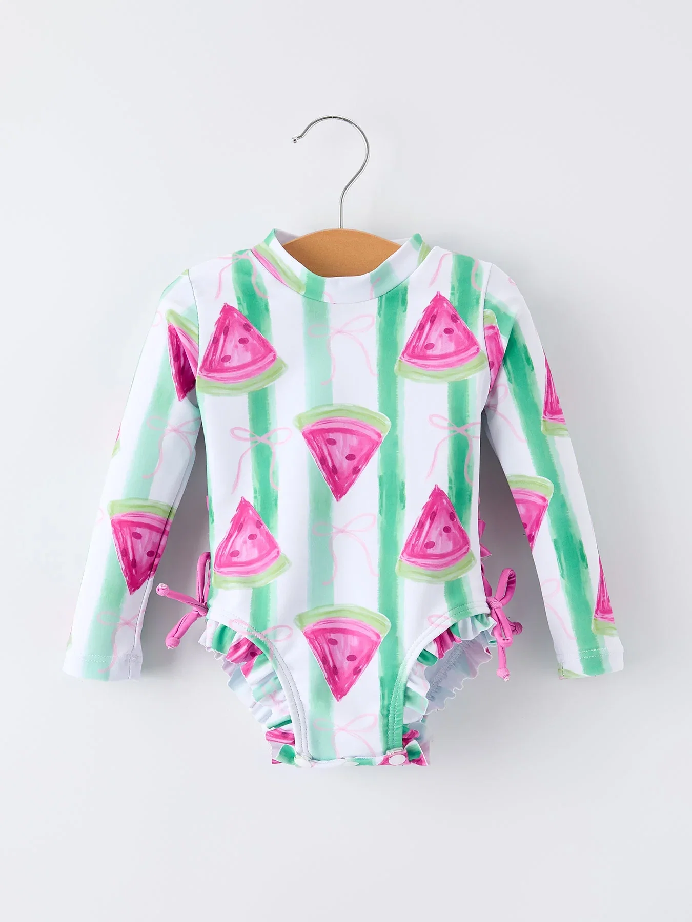 Image of Summer Watermelon Print Girl Long Sleeve Ruffle One Piece Swimsuit