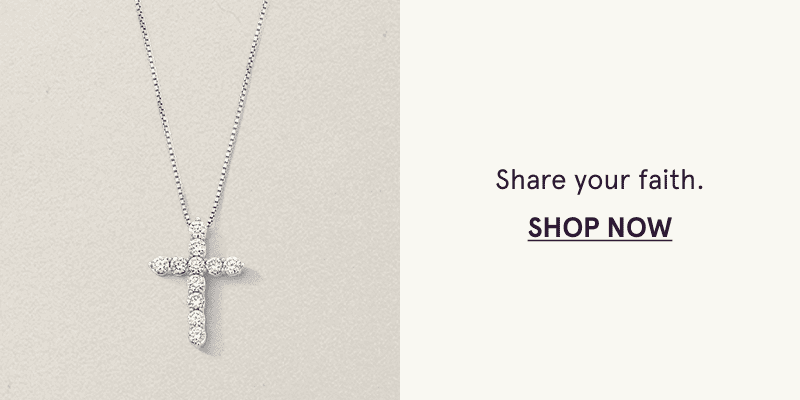 A white metal necklace with a diamond cross pendant. Share your faith. Click here to shop now