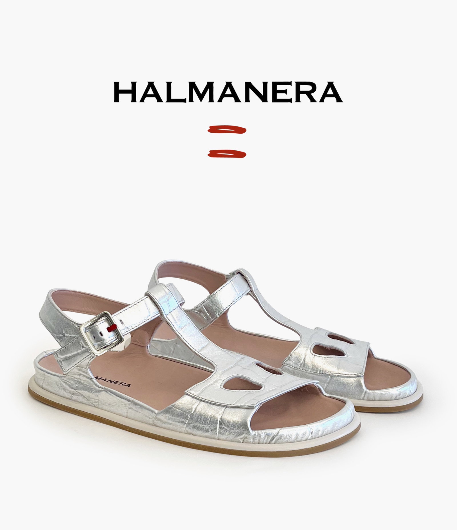 Silver croco ankle strap flat sandal on a white background