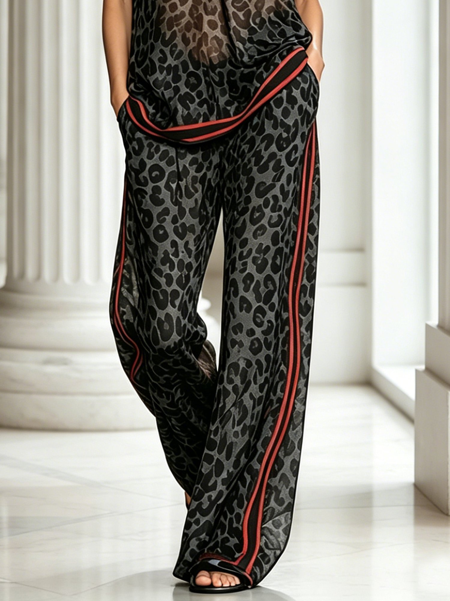 Image of Casual Leopard Printing Wide Leg Pants