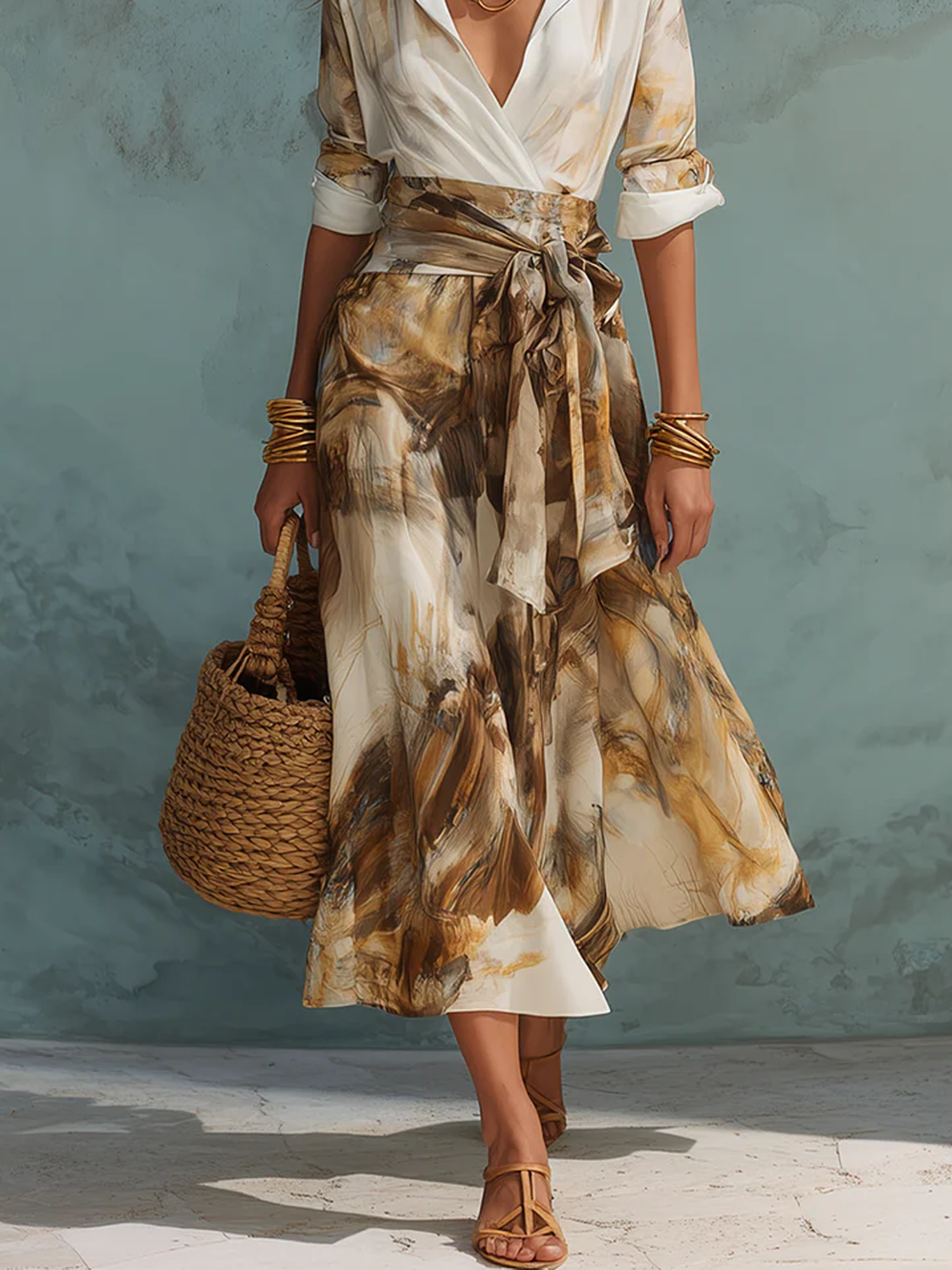 Image of Casual Random Print Midi Skirt With Belt