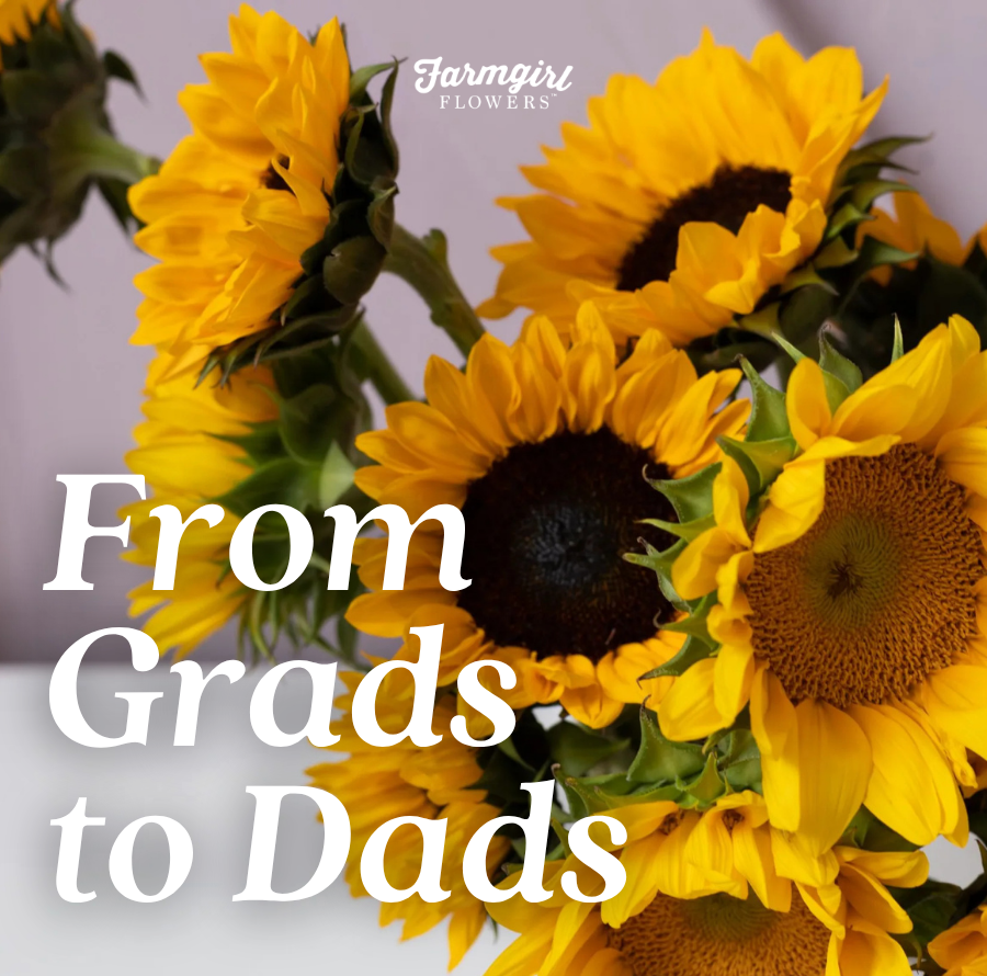 Farmgirl Flowers image showing bright yellow sunflowers with white text that reads “From Grads to Dads: Gift Guide.” The Farmgirl Flowers logo appears near the top.