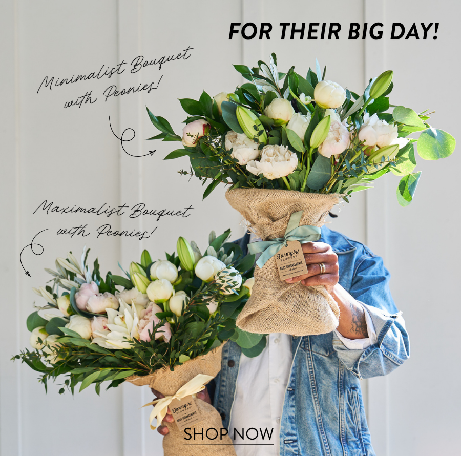 Product feature for “Minimalist/Maximalist Bouquet with Peonies!” showing two variants of white peony and lily floral arrangements held by someone in a denim jacket. Text reads “For their Big Day!” with a “Shop Now” link.